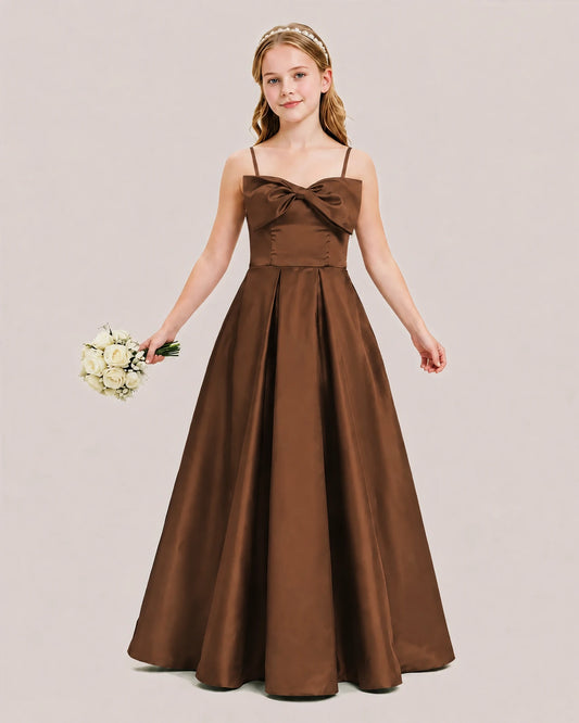 Chocolate Satin A-line Junior Bridesmaid Dress Front View