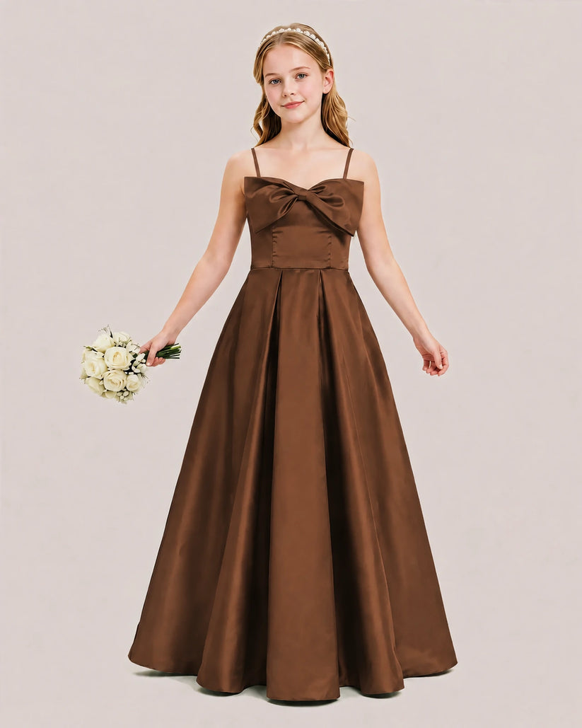 Chocolate Satin A-line Junior Bridesmaid Dress Front View