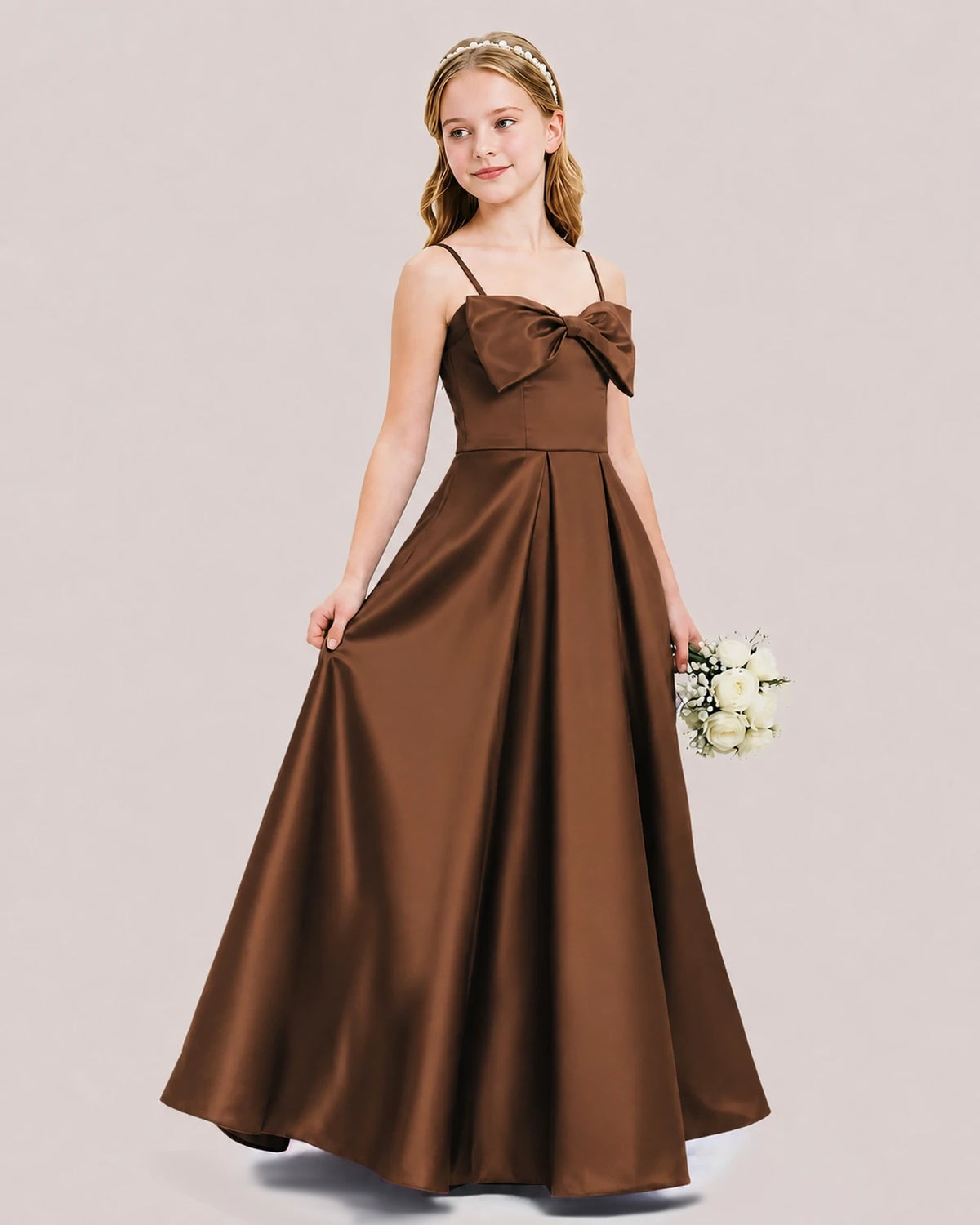 Chocolate Satin A-line Junior Bridesmaid Dress Side View