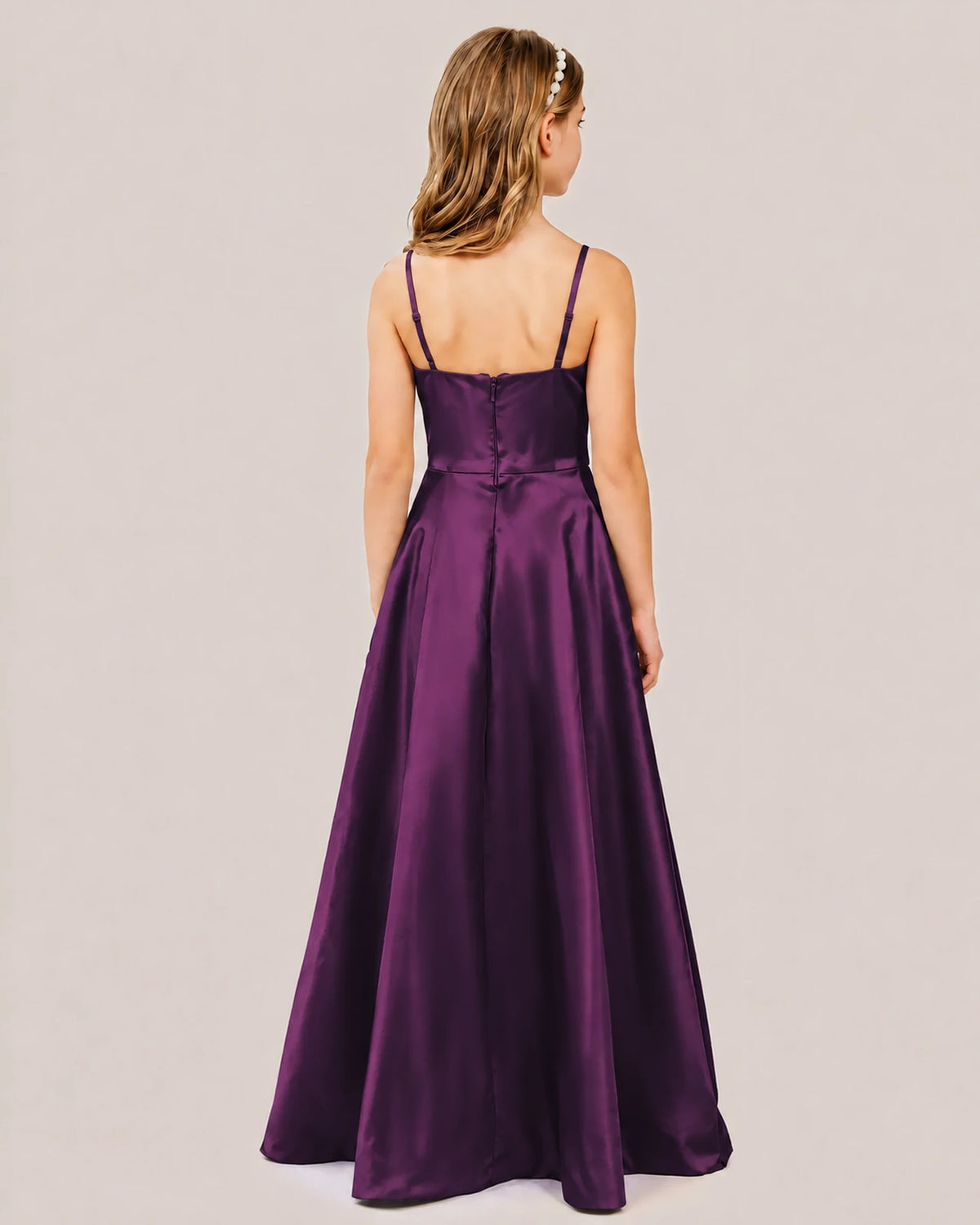 Grape Satin A-line Junior Bridesmaid Dress Back View