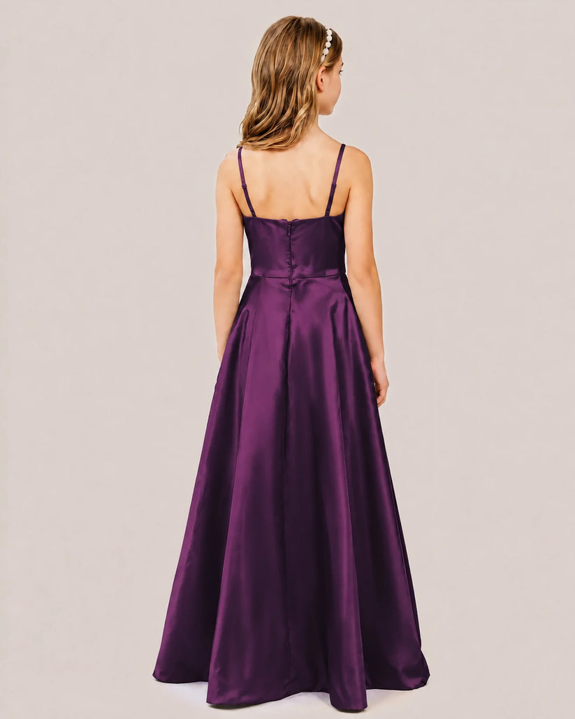 Grape Satin A-line Junior Bridesmaid Dress Back View