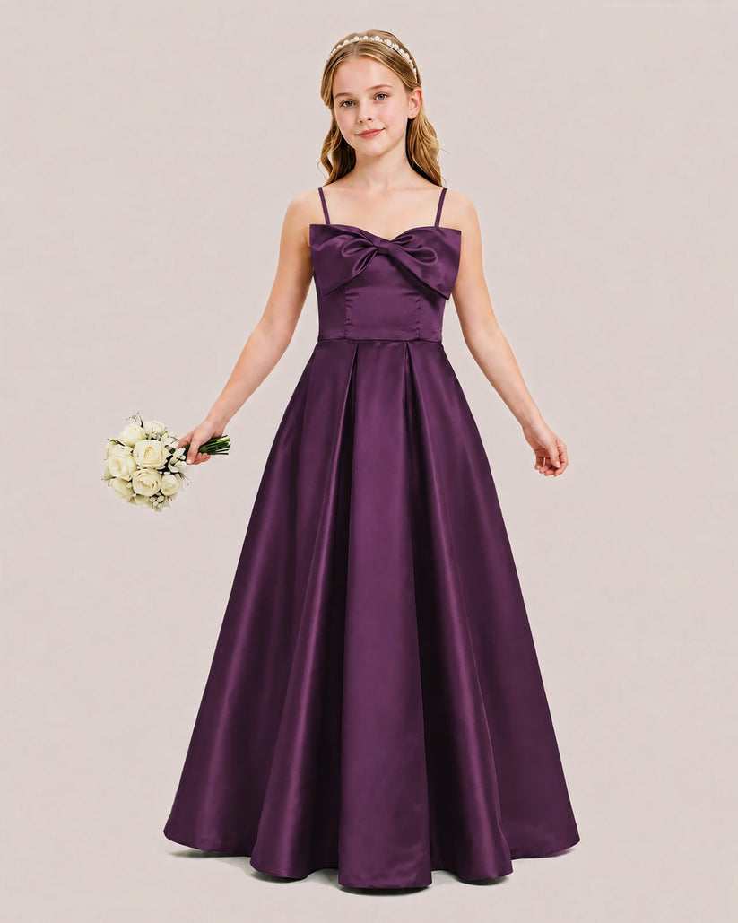 Grape Satin A-line Junior Bridesmaid Dress Front View