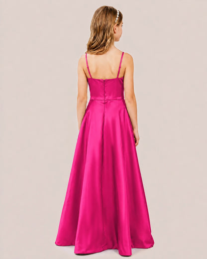 Hot Pink Satin A-line Junior Bridesmaid Dress Back View