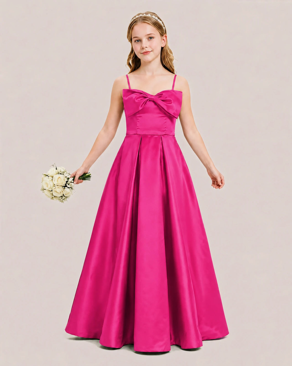 Hot Pink Satin A-line Junior Bridesmaid Dress Front View