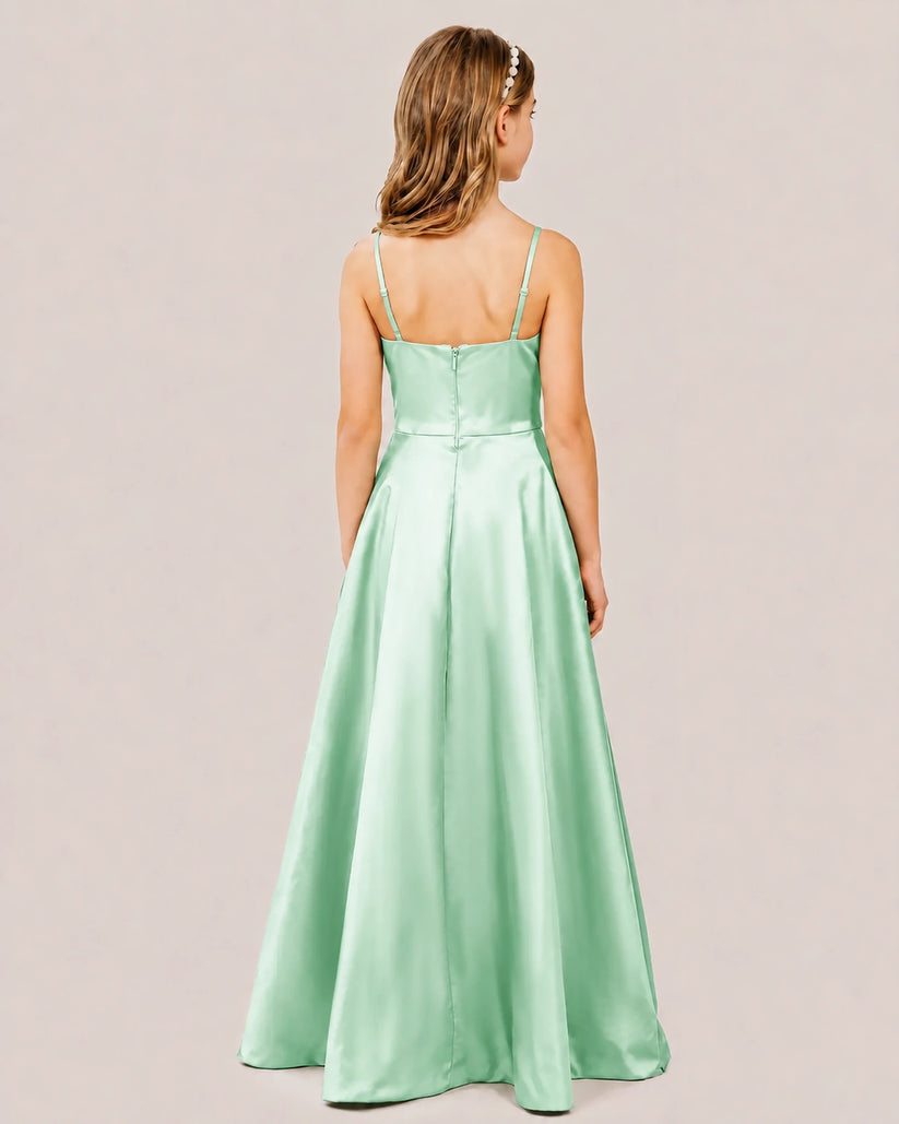 Mint Green Satin A-line Junior Bridesmaid Dress Back View