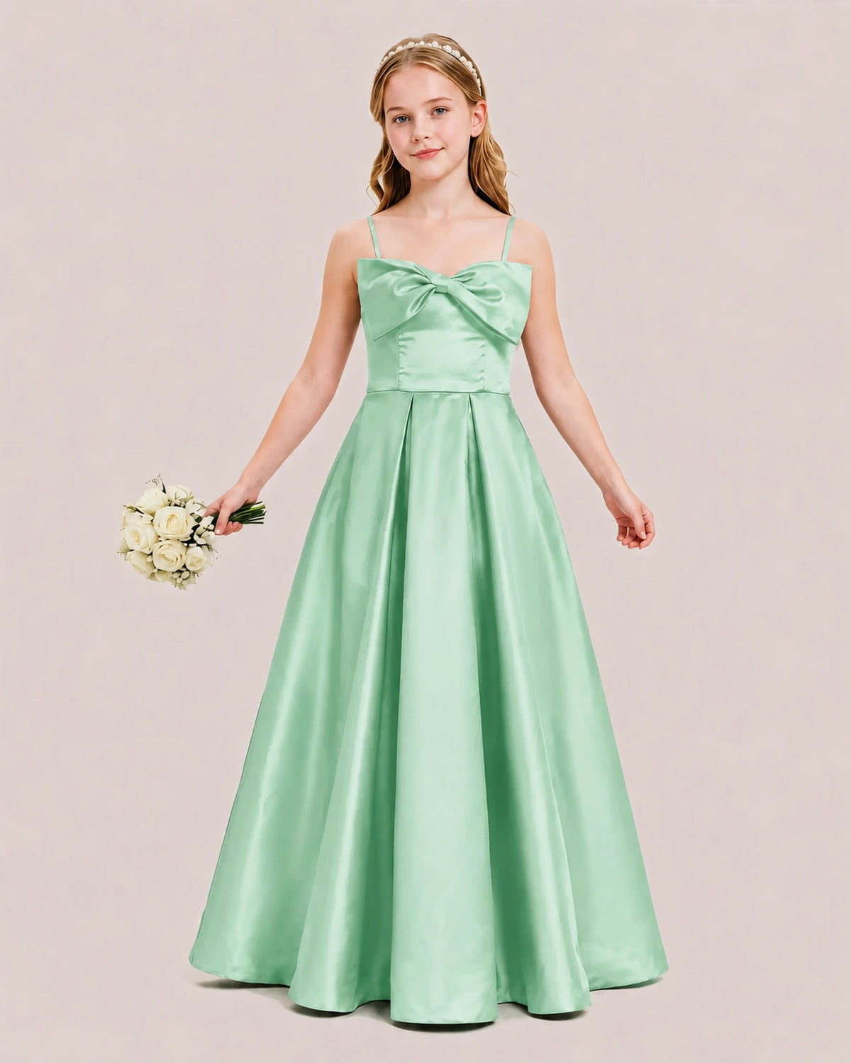 Mint Green Satin A-line Junior Bridesmaid Dress Front View