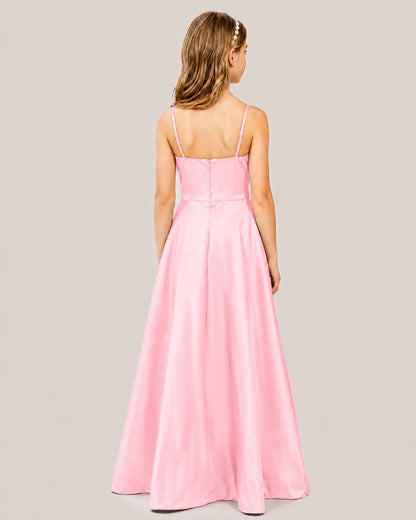 Pink Satin A-line Junior Bridesmaid Dress Back View