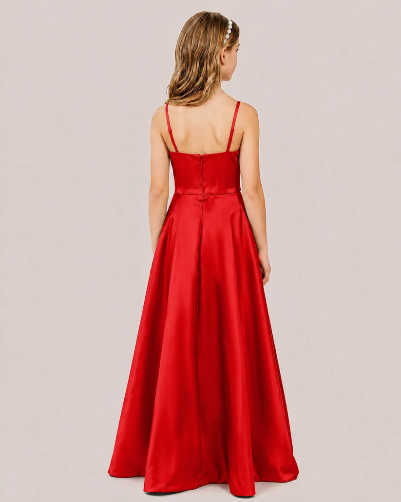 Red Satin A-line Junior Bridesmaid Dress Back View