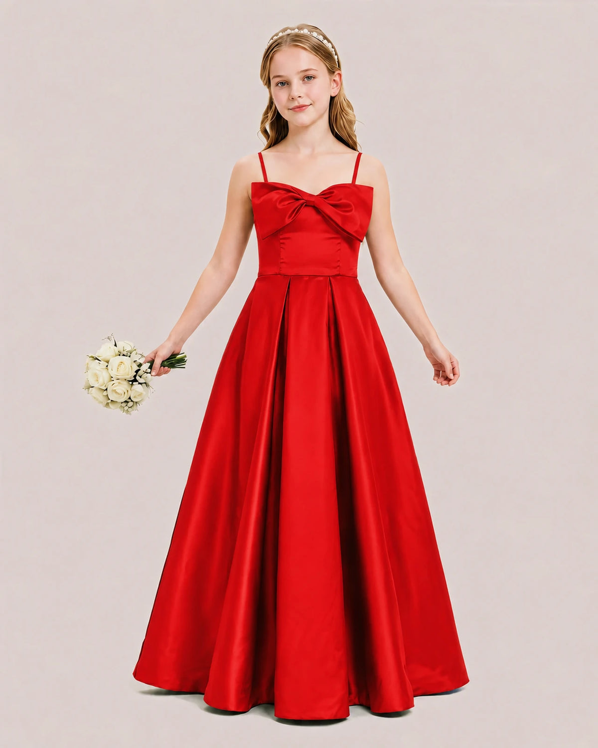 Red Satin A-line Junior Bridesmaid Dress Front View