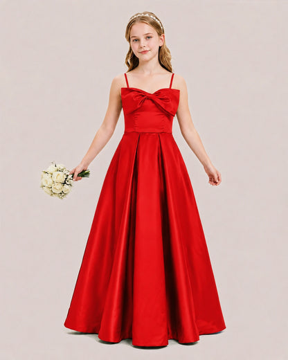 Red Satin A-line Junior Bridesmaid Dress Front View