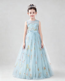Dideyttawl Girls Formal Dress with Floral Embroidery and Illusion Tulle Skirt