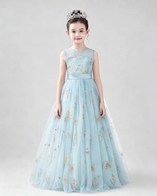 Baby Blue Tulle A-line Girls Formal Dress Front View