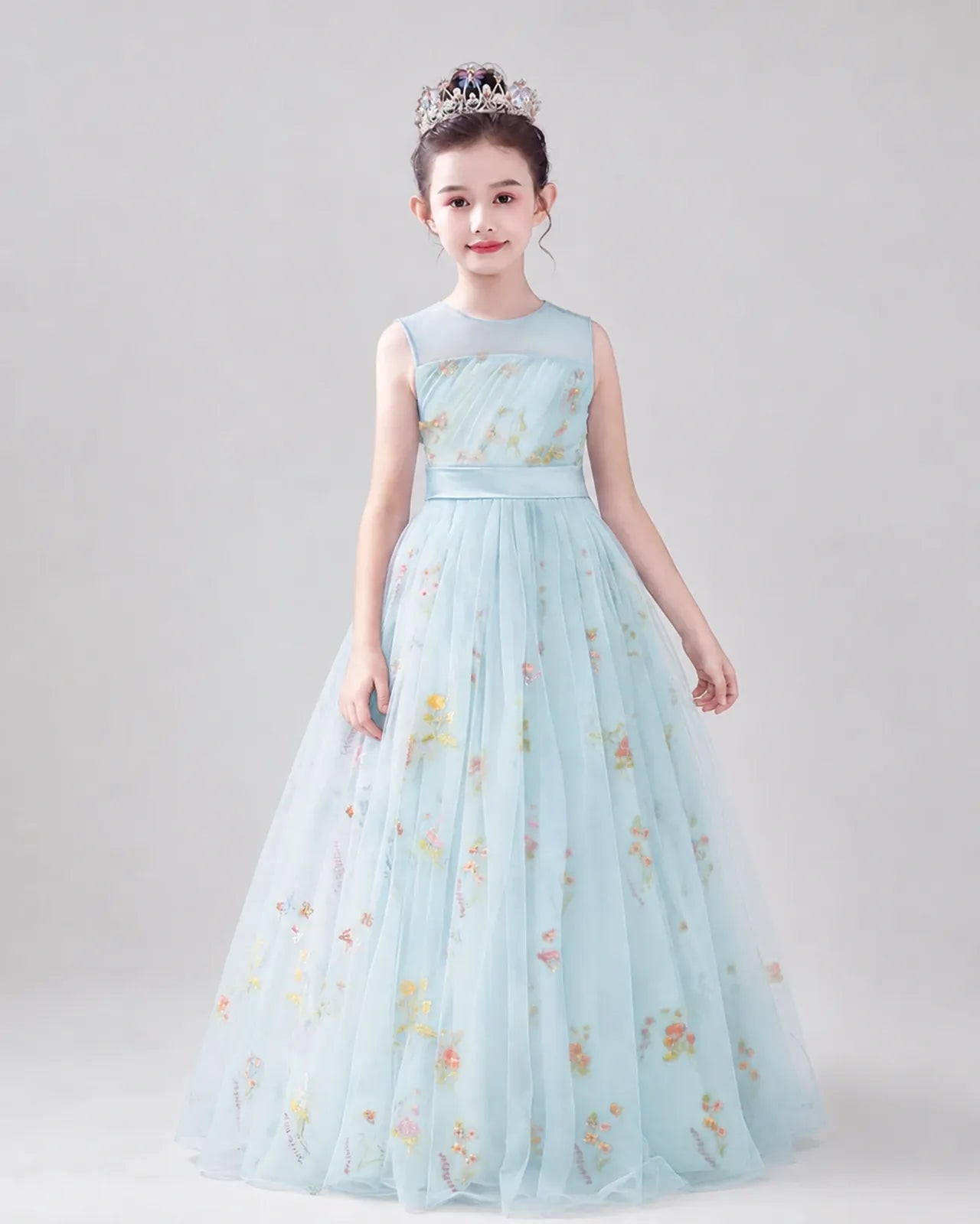 Baby Blue Tulle A-line Girls Formal Dress Front View