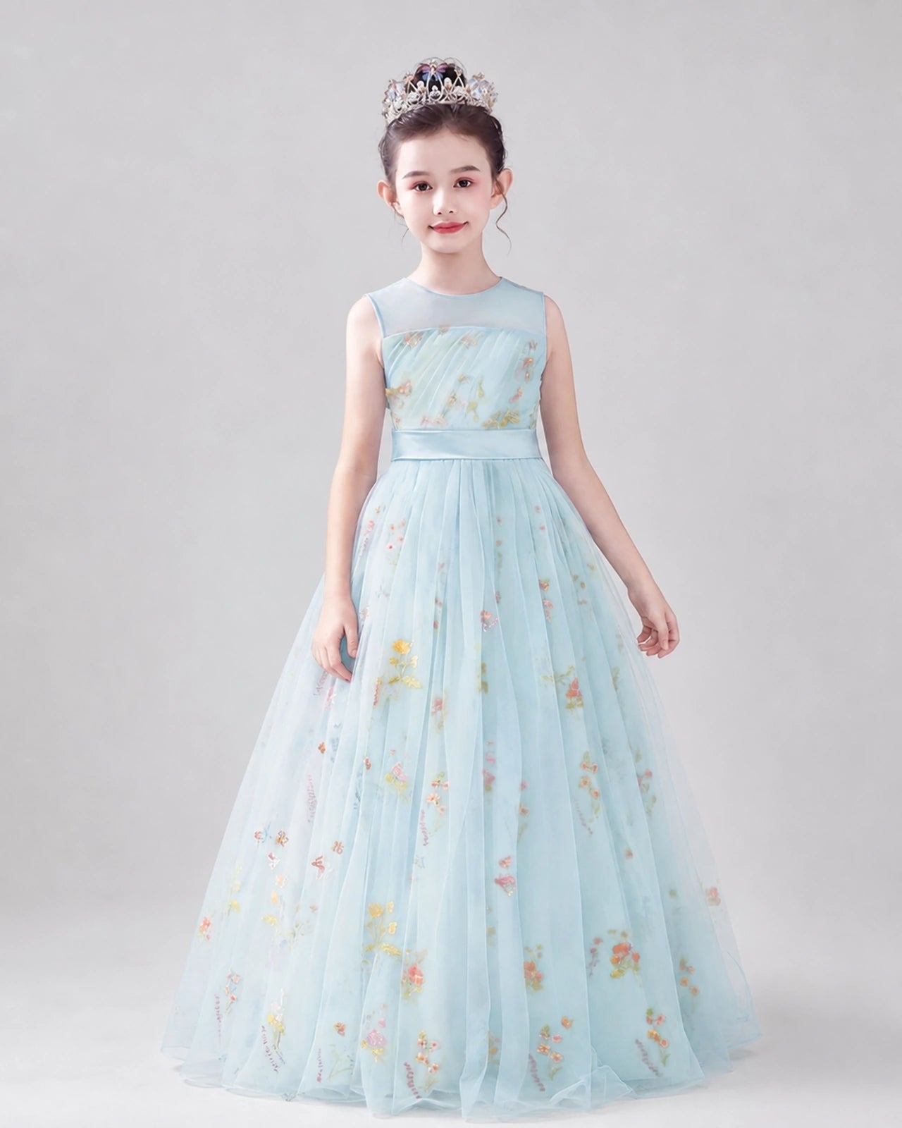 Dideyttawl Girls Formal Dress with Floral Embroidery and Illusion Tulle Skirt