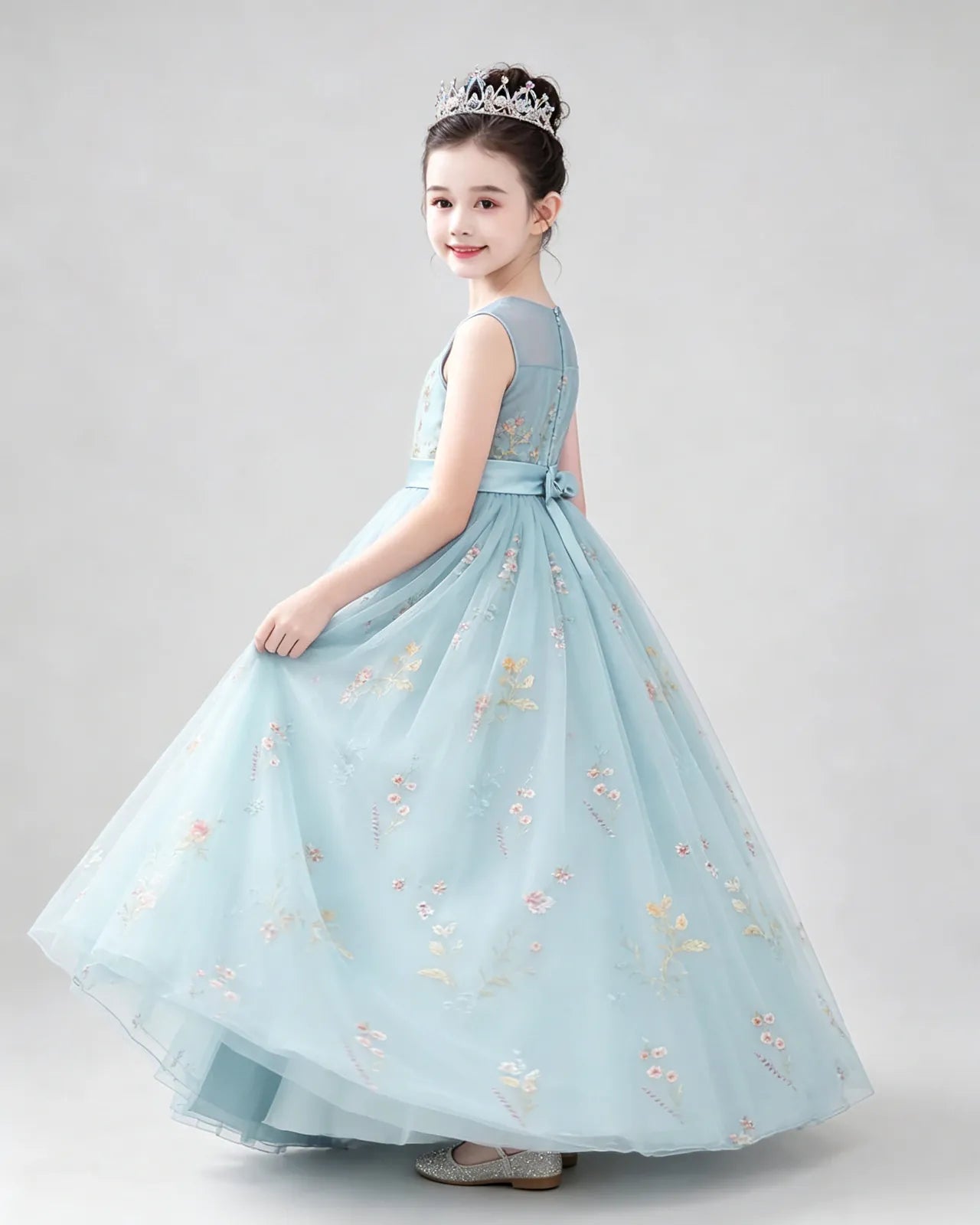 Baby Blue Tulle A-line Girls Formal Dress Side View