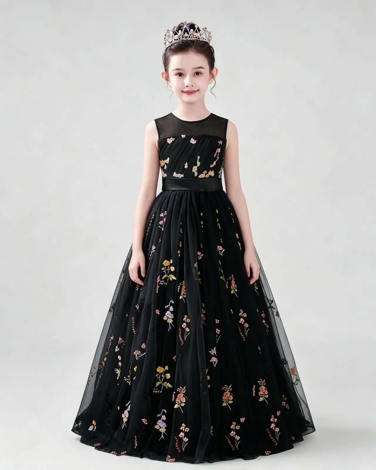 Black Tulle A-line Girls Formal Dress Front View