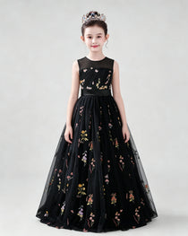 Dideyttawl Girls Formal Dress with Floral Embroidery and Illusion Tulle Skirt