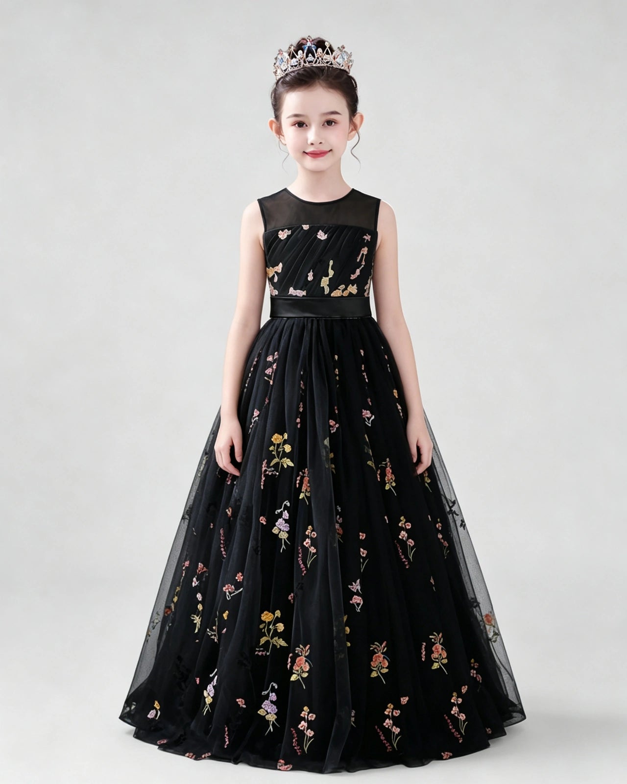 Dideyttawl Girls Formal Dress with Floral Embroidery and Illusion Tulle Skirt