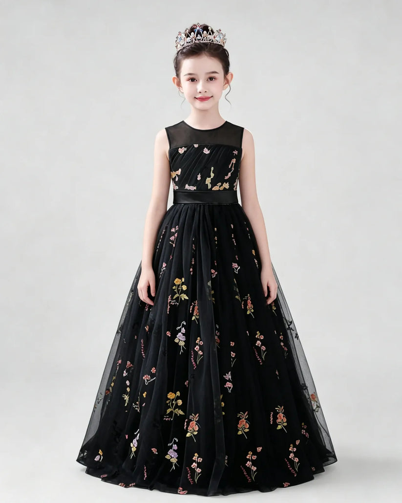 Black Tulle A-line Girls Formal Dress Front View