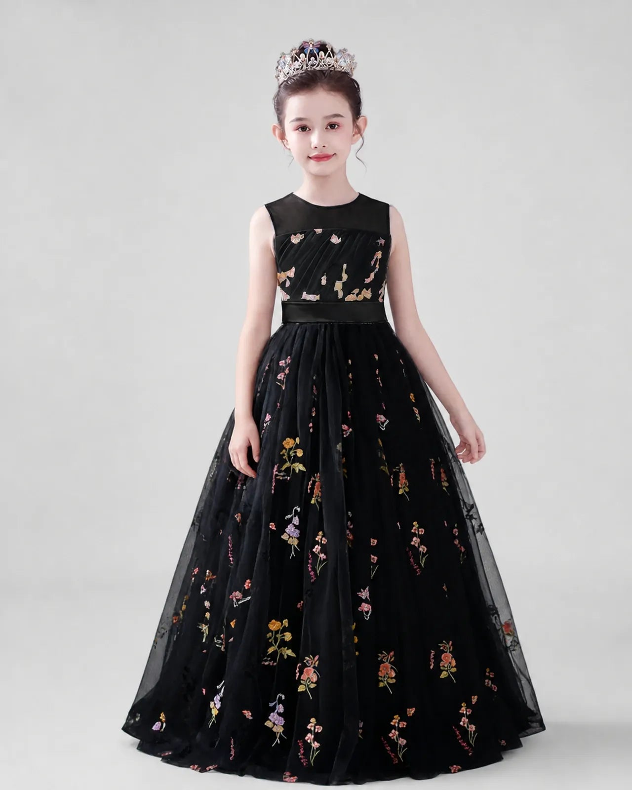 Black Tulle A-line Girls Formal Dress Front View