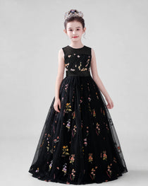 Dideyttawl Girls Formal Dress with Floral Embroidery and Illusion Tulle Skirt