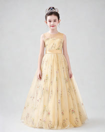 Dideyttawl Girls Formal Dress with Floral Embroidery and Illusion Tulle Skirt