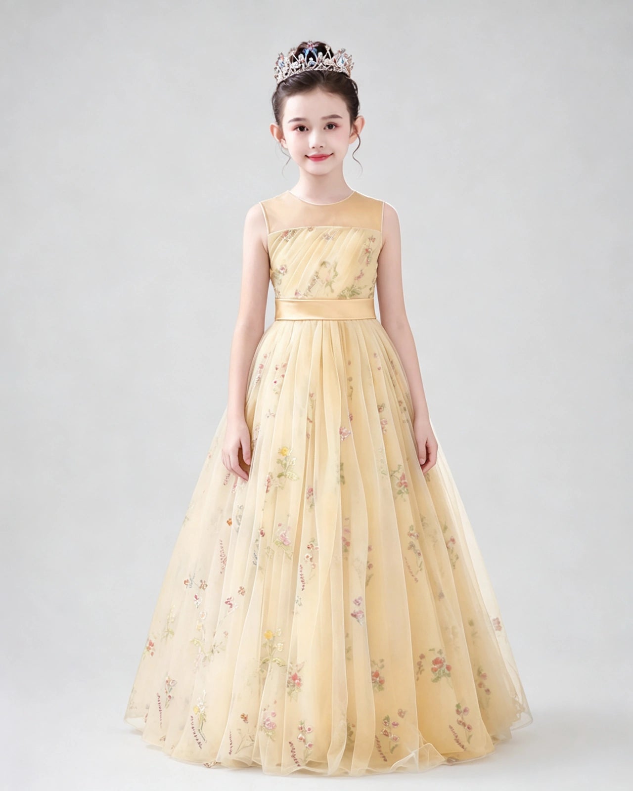 Dideyttawl Girls Formal Dress with Floral Embroidery and Illusion Tulle Skirt
