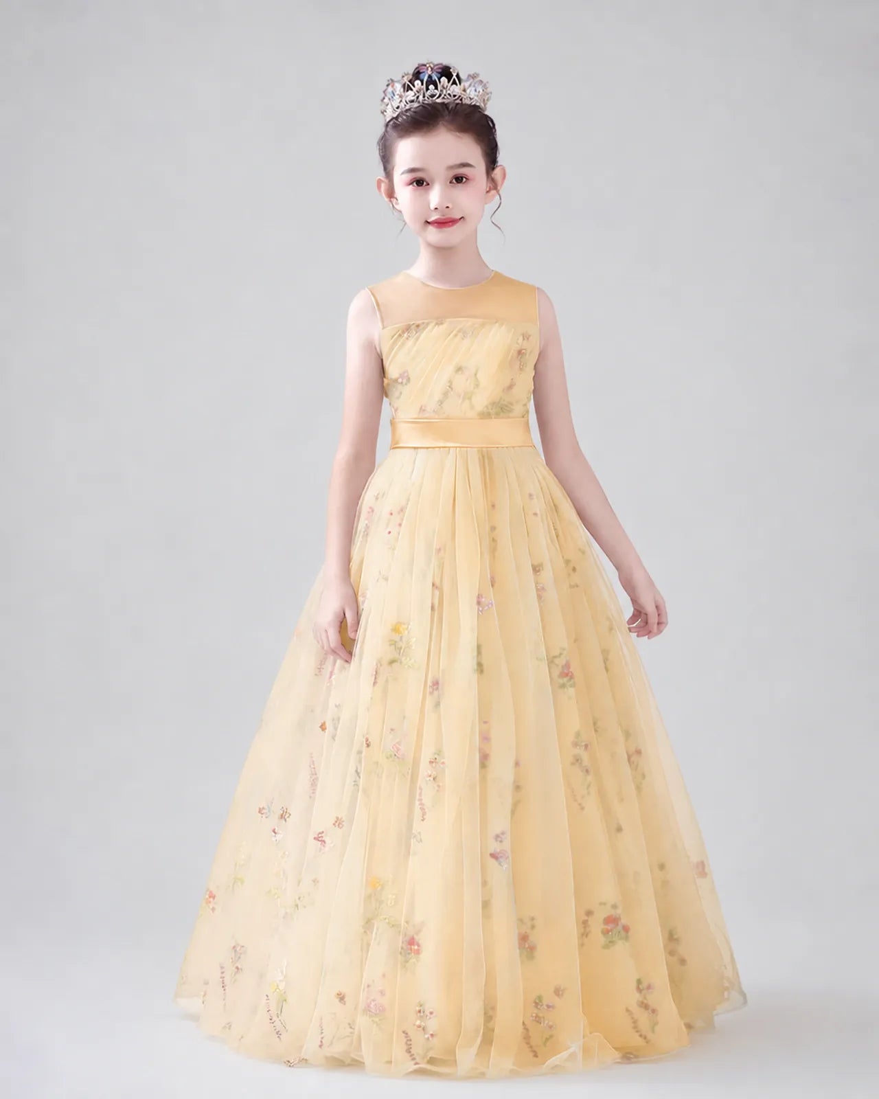 Champagne Tulle A-line Girls Formal Dress Front View