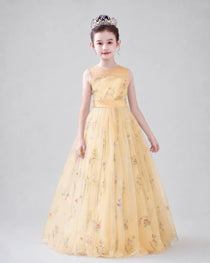 Dideyttawl Girls Formal Dress with Floral Embroidery and Illusion Tulle Skirt