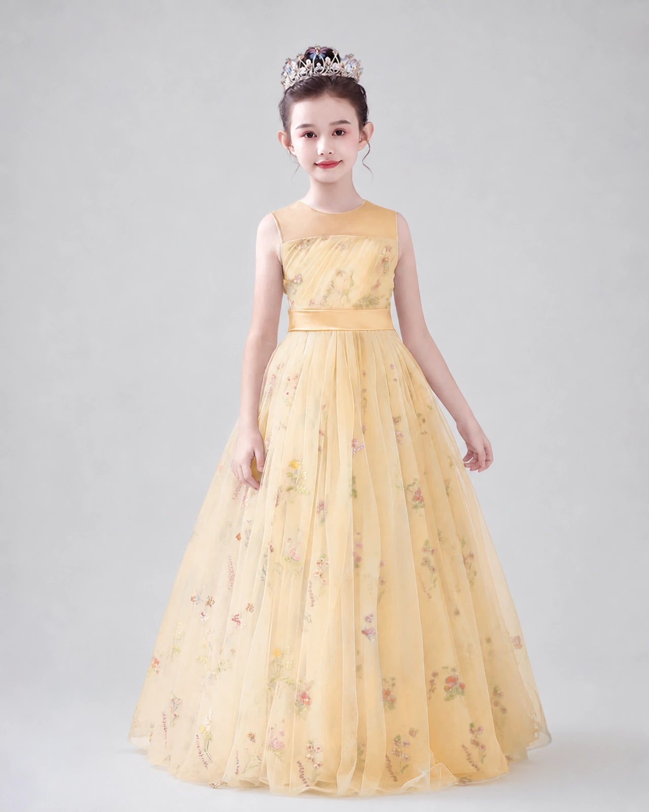 Dideyttawl Girls Formal Dress with Floral Embroidery and Illusion Tulle Skirt