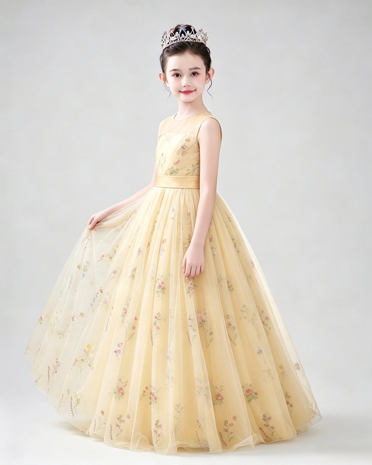 Dideyttawl Girls Formal Dress with Floral Embroidery and Illusion Tulle Skirt