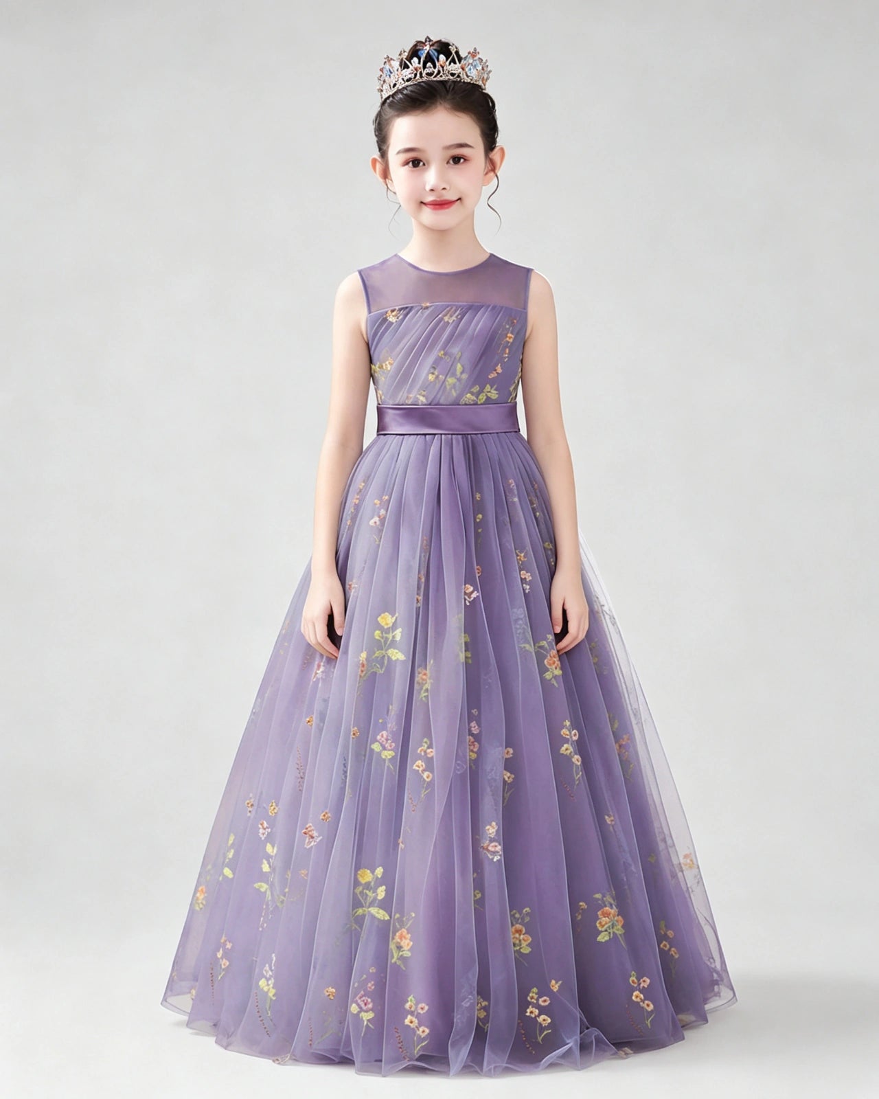 Dideyttawl Girls Formal Dress with Floral Embroidery and Illusion Tulle Skirt