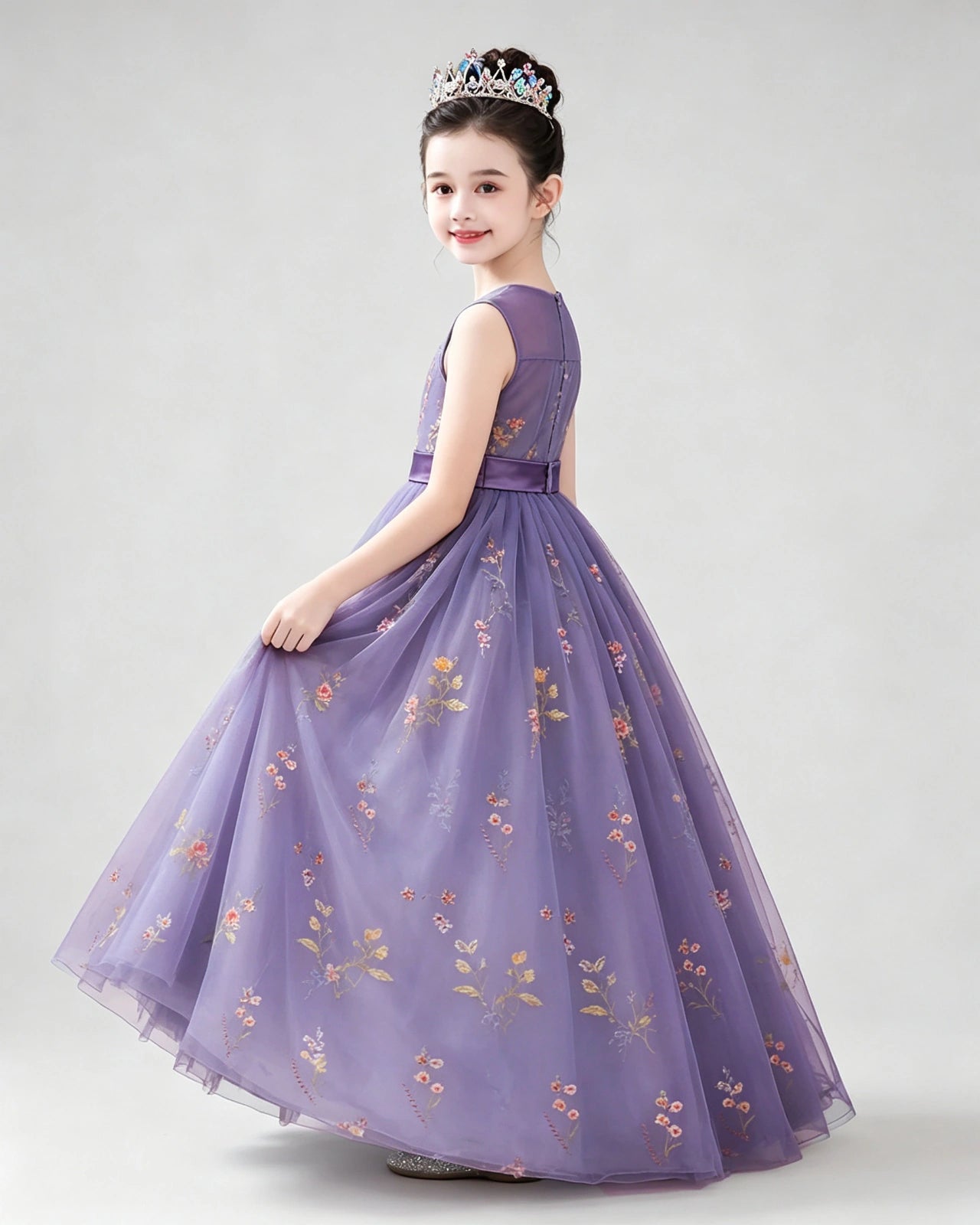 Dideyttawl Girls Formal Dress with Floral Embroidery and Illusion Tulle Skirt