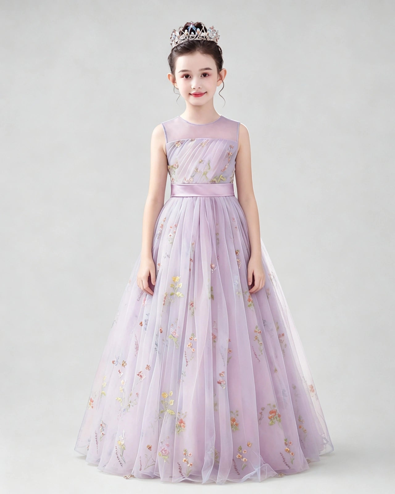 Dideyttawl Girls Formal Dress with Floral Embroidery and Illusion Tulle Skirt