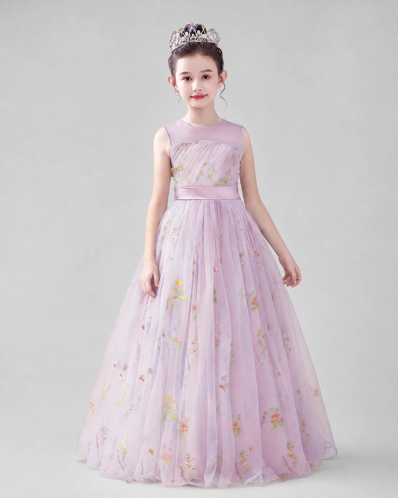 Dideyttawl Girls Formal Dress with Floral Embroidery and Illusion Tulle Skirt