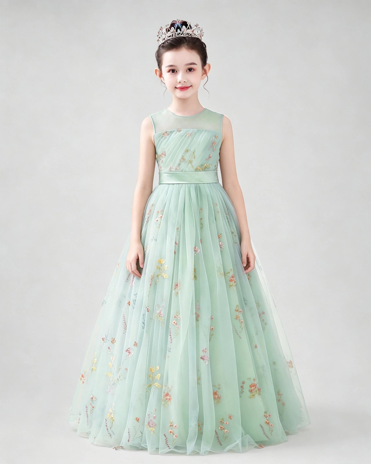 Dideyttawl Girls Formal Dress with Floral Embroidery and Illusion Tulle Skirt