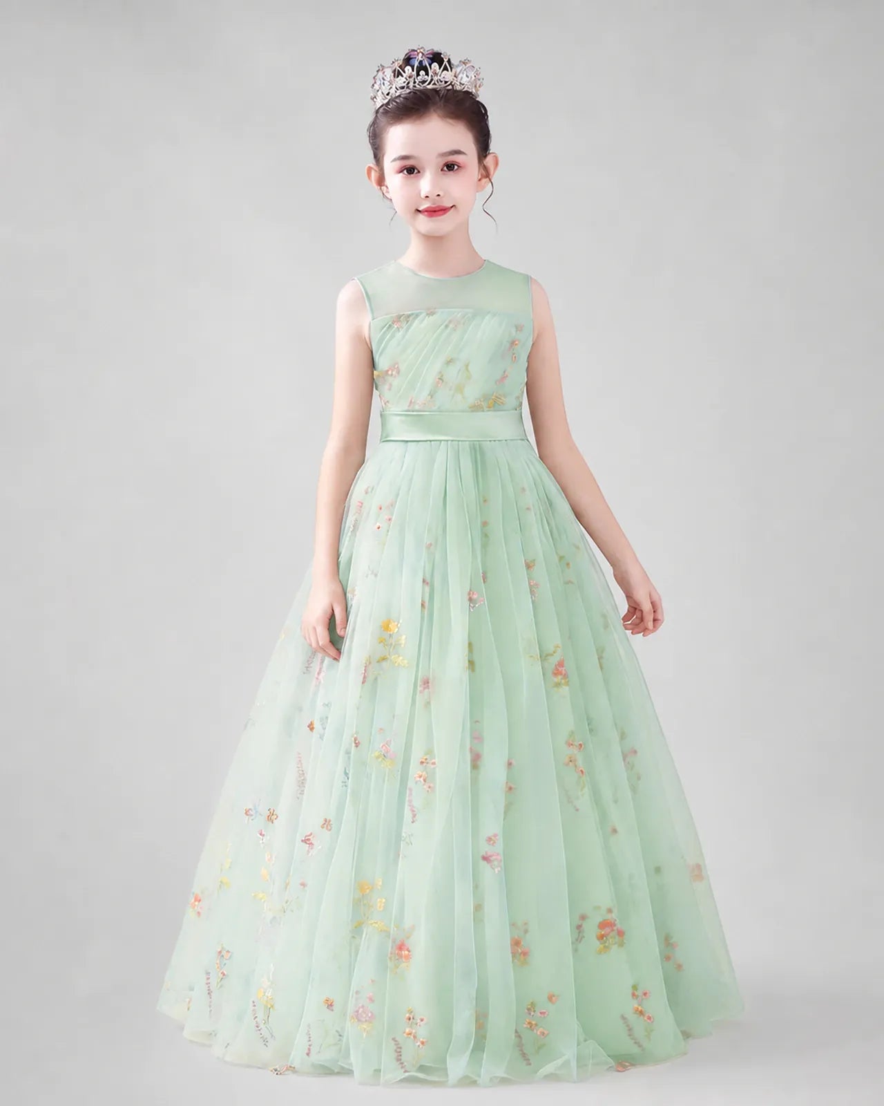 Mint Tulle A-line Girls Formal Dress Front View