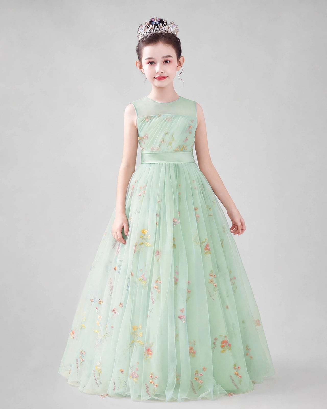 Dideyttawl Girls Formal Dress with Floral Embroidery and Illusion Tulle Skirt