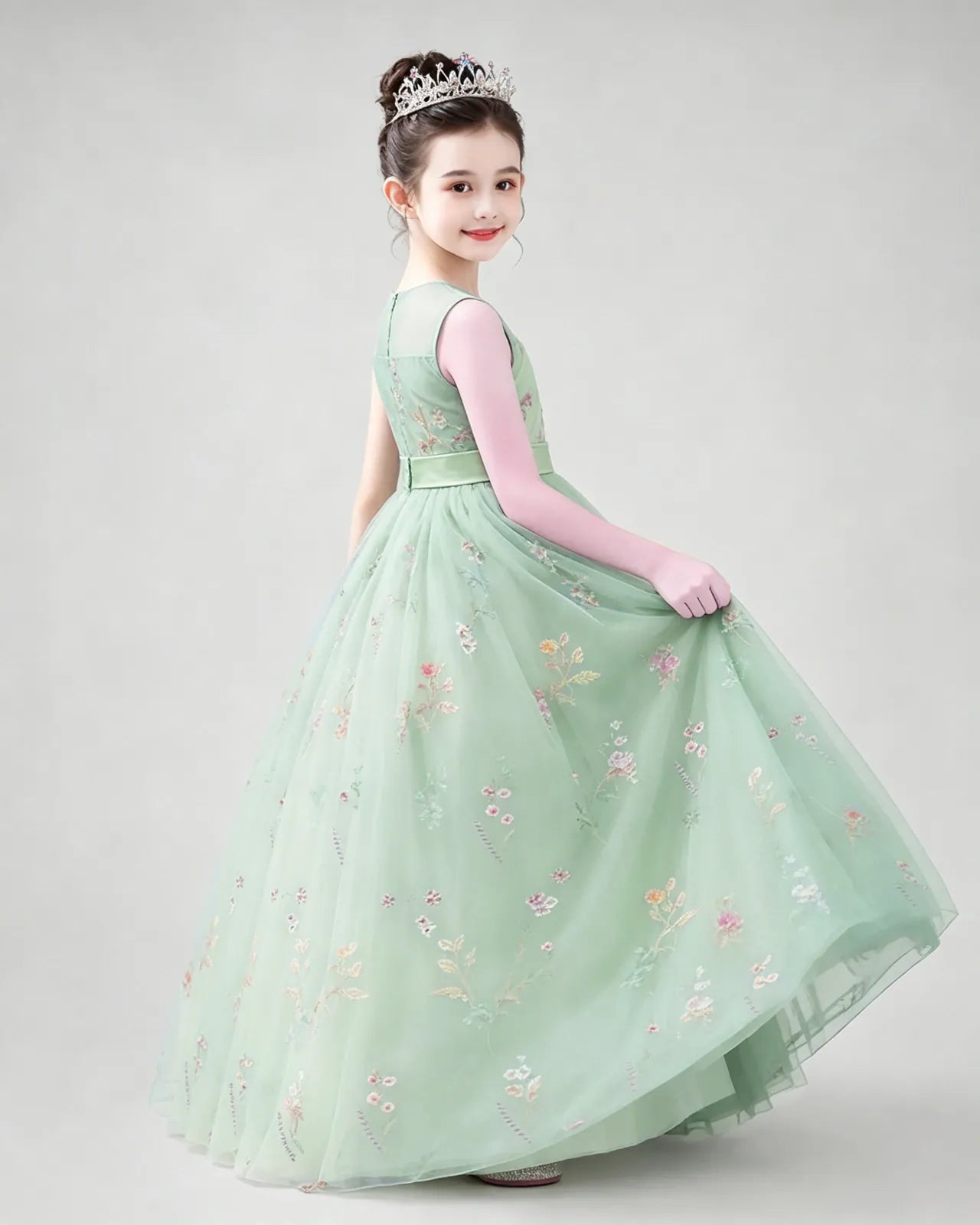 Mint Tulle A-line Girls Formal Dress Side View