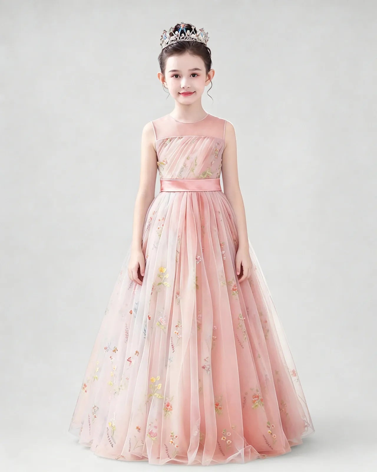Pink Tulle A-line Girls Formal Dress Front View