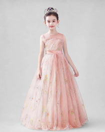 Dideyttawl Girls Formal Dress with Floral Embroidery and Illusion Tulle Skirt