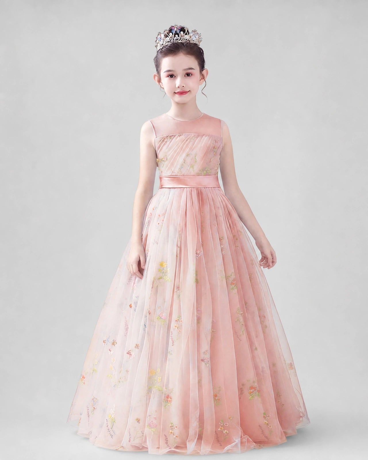 Dideyttawl Girls Formal Dress with Floral Embroidery and Illusion Tulle Skirt
