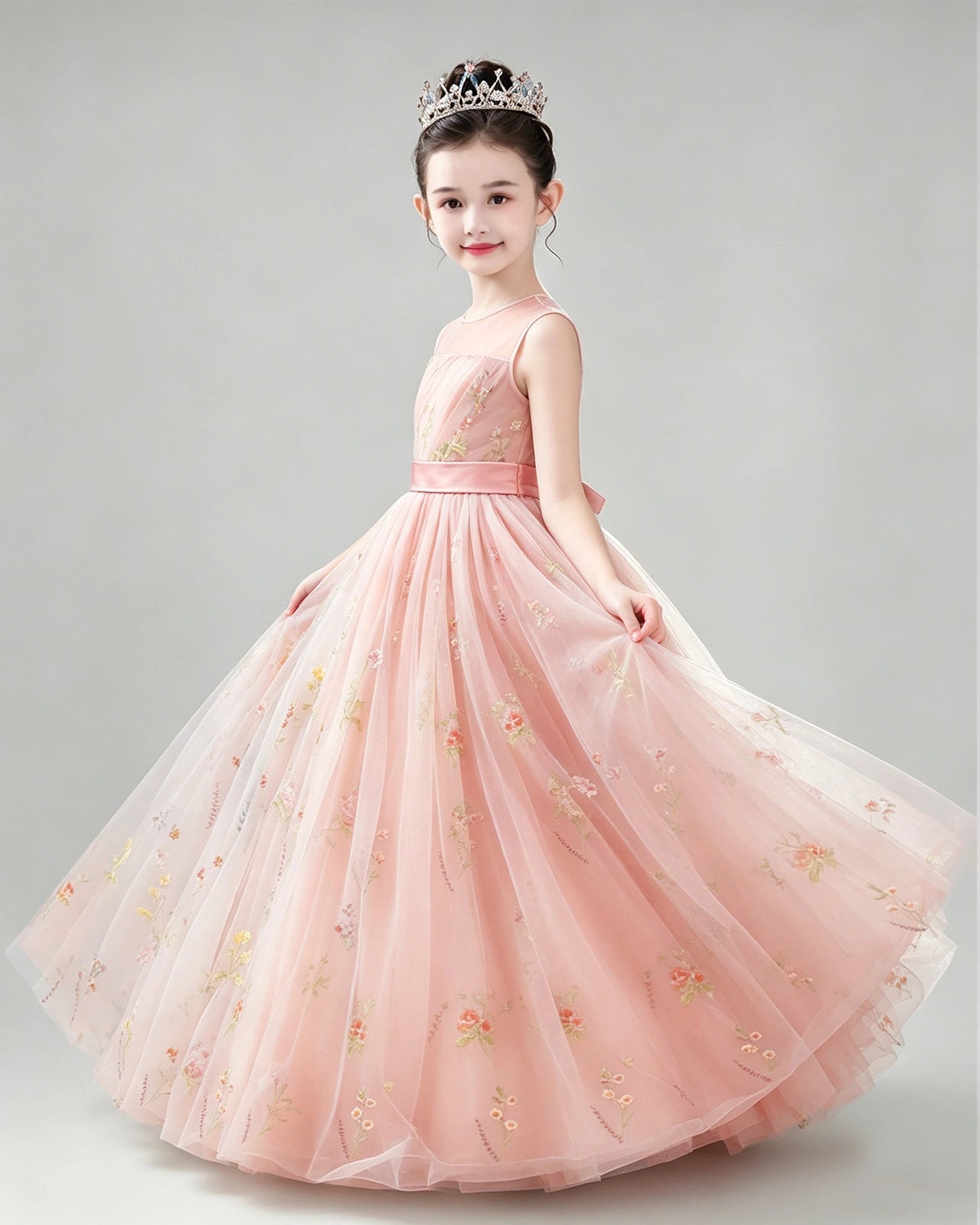 Dideyttawl Girls Formal Dress with Floral Embroidery and Illusion Tulle Skirt