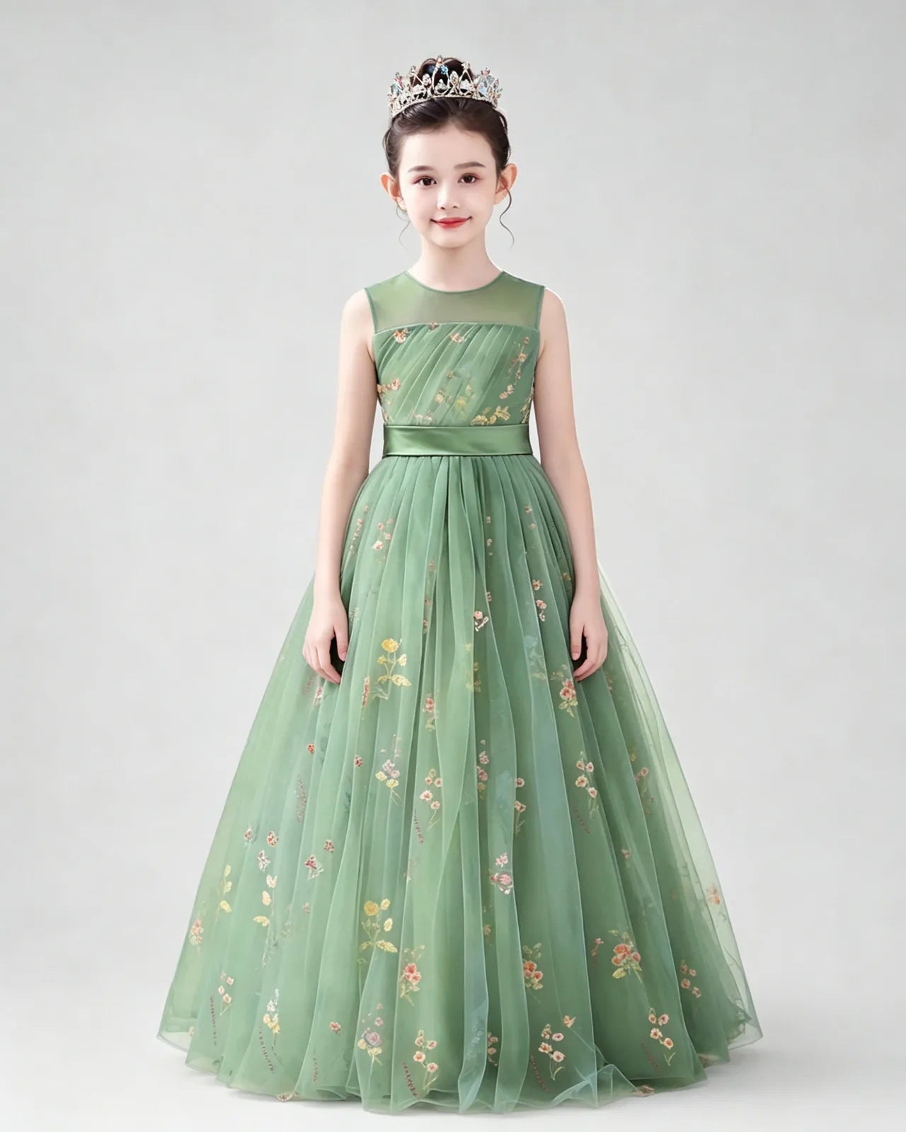 Sage Green Tulle A-line Girls Formal Dress Back View