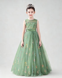 Dideyttawl Girls Formal Dress with Floral Embroidery and Illusion Tulle Skirt