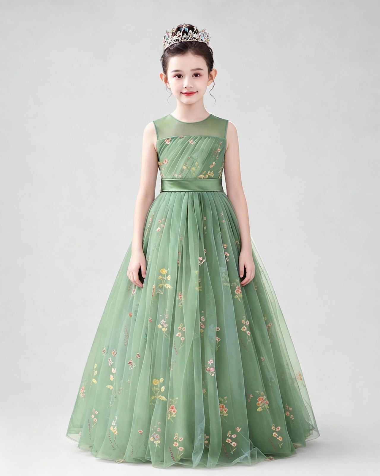 Dideyttawl Girls Formal Dress with Floral Embroidery and Illusion Tulle Skirt