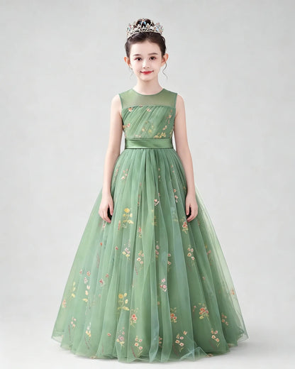 Sage Green Tulle A-line Girls Formal Dress Back View