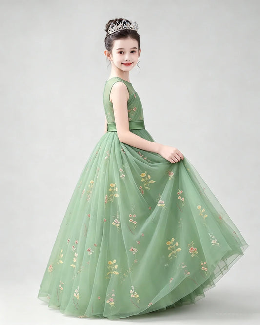 Sage Green Tulle A-line Girls Formal Dress Side View