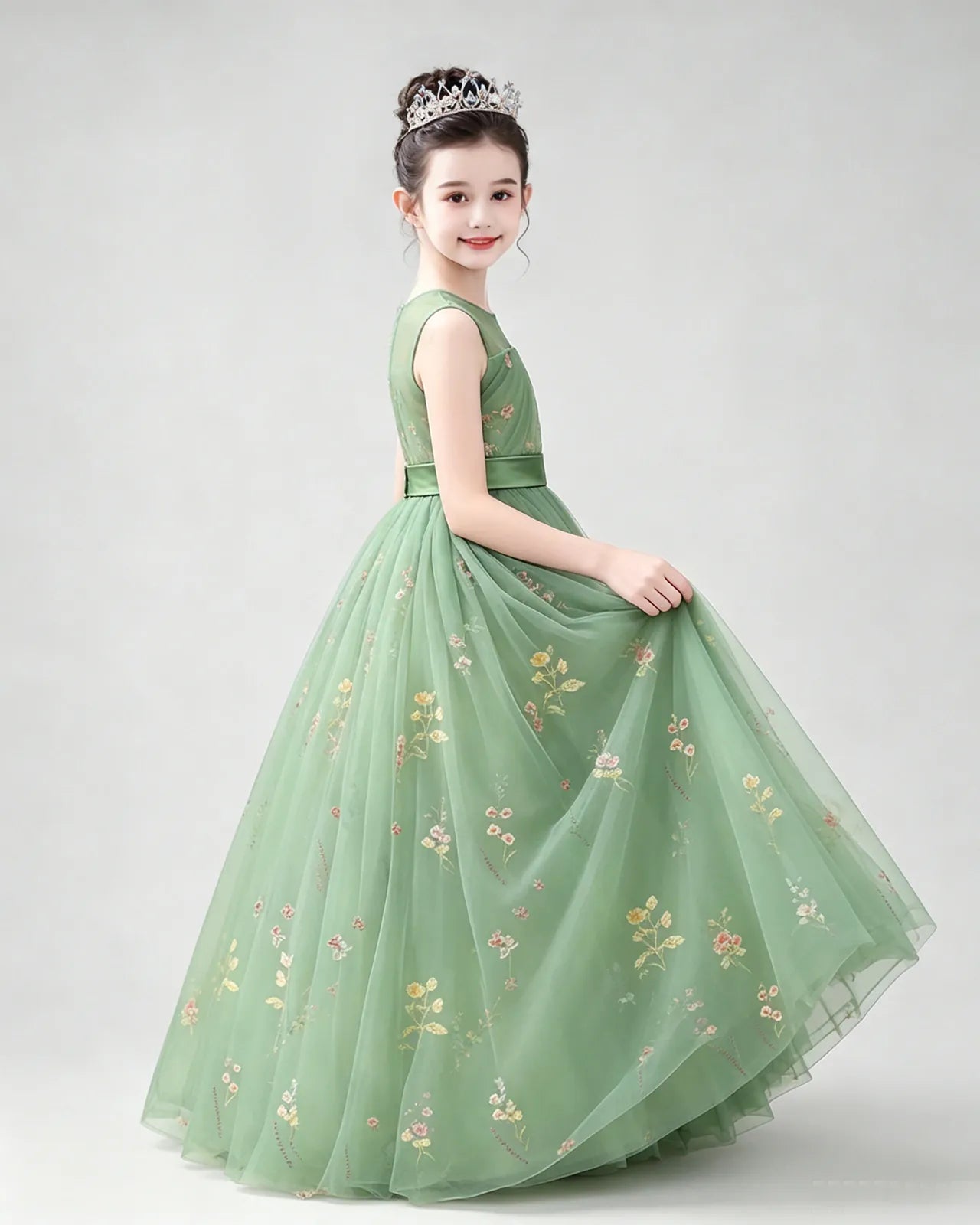 Sage Green Tulle A-line Girls Formal Dress Side View