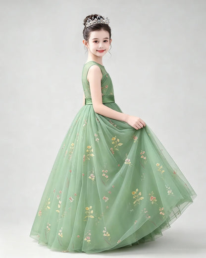 Sage Green Tulle A-line Girls Formal Dress Side View